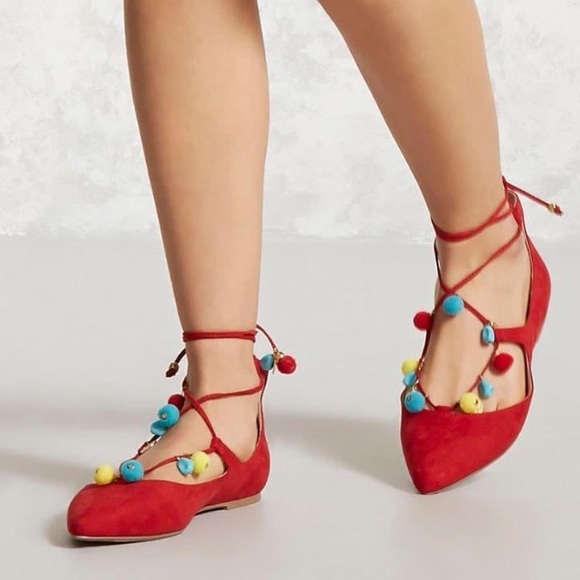 Forever 21 Shoes - ⭐️Forever 21 Red Lace Up Ankle Flats Size 8.5⭐️